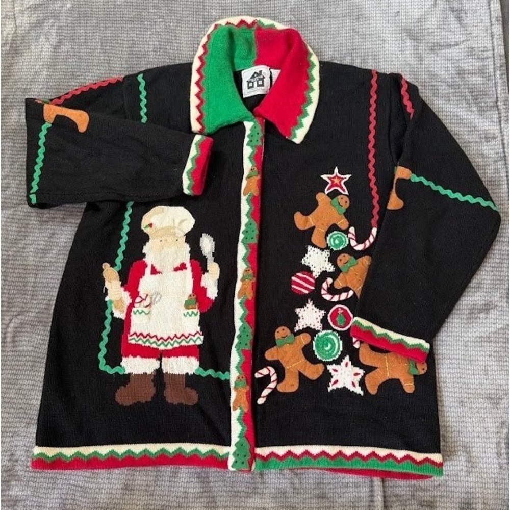 Storybook Knits Vintage Christmas Cardigan Santa Gingerbread‎ Black Sweater 1X